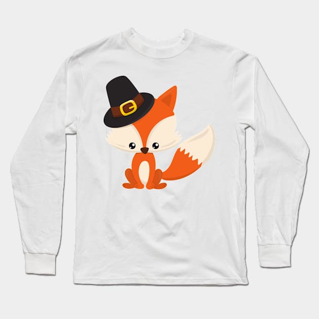 Thanksgiving, Cute Fox, Pilgrim Fox, Pilgrim Hat Long Sleeve T-Shirt by Jelena Dunčević